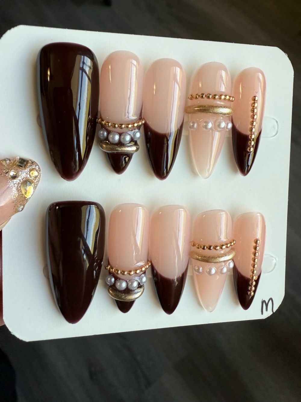 Luxury Nude & Deep Brown Acrylic Nail Set with Gold Accents - Picture 2 of 2